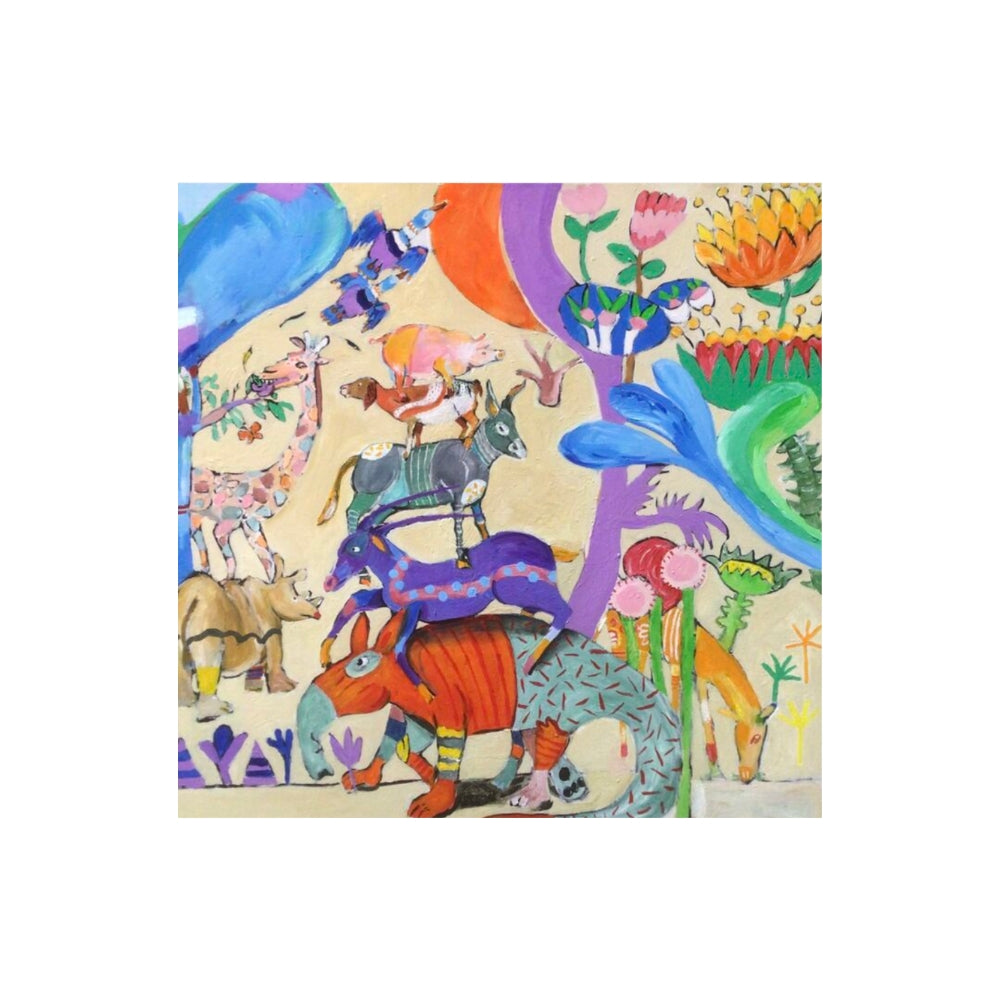 Colourful fabric with a vibrant pattern of animals and abstract shapes on a beige background. Original artwork by Jeanie Cooper-Brown