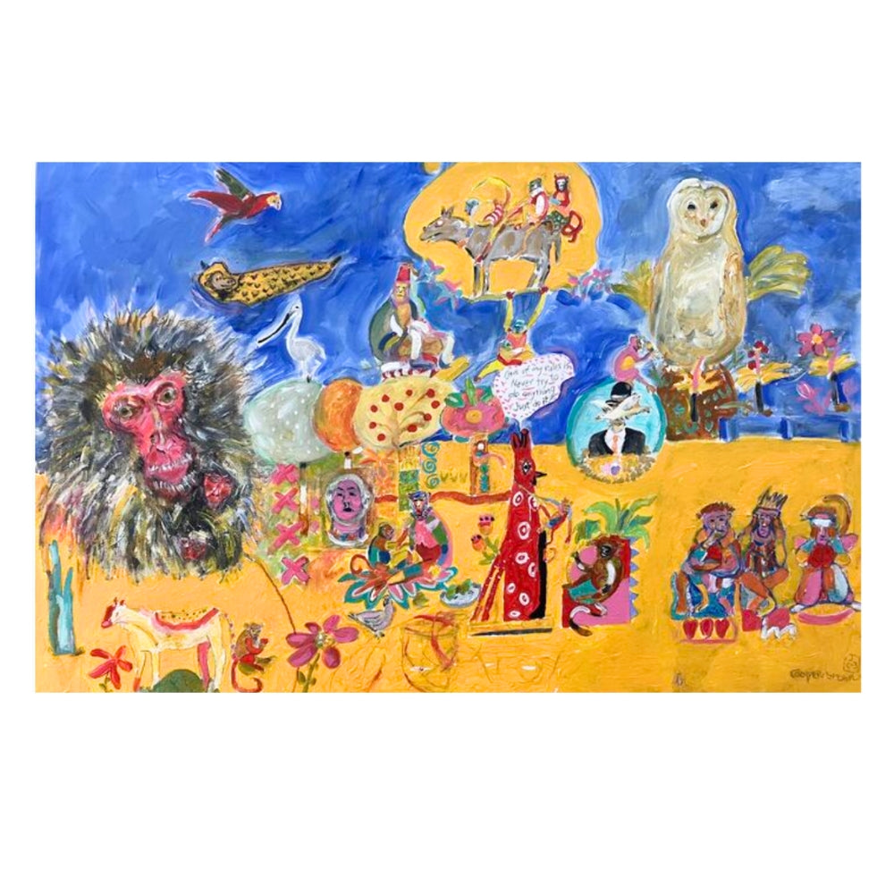 Colorful artwork with various animals and figures on a blue and yellow background Original artwork by Jeanie Cooper-Brown