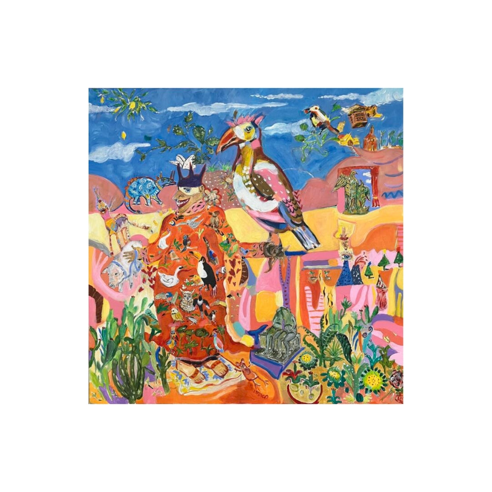 Colourful artwork with various animals and a blue sky. Original artwork by Jeanie Cooper-Brown