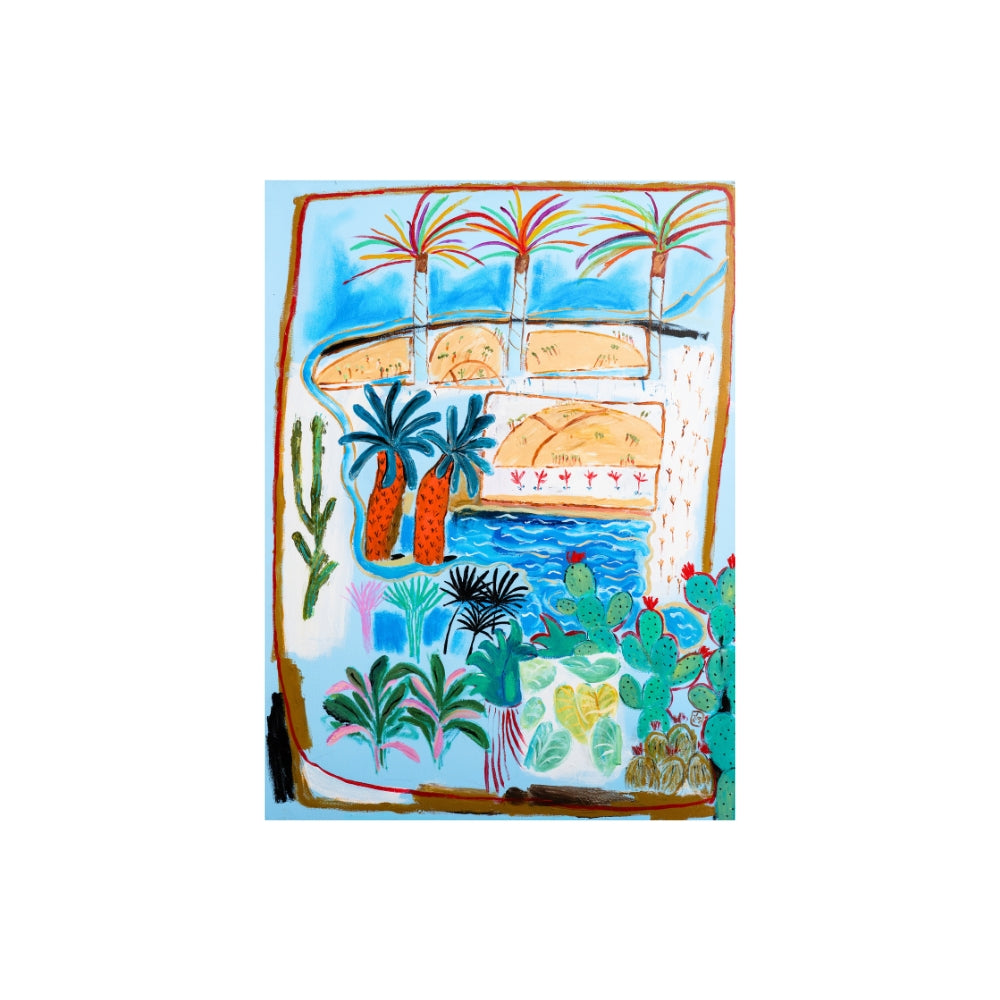 Colourful illustration of a beach scene with palm trees and a boat on a white background Original artwork by Jeanie Cooper-Brown