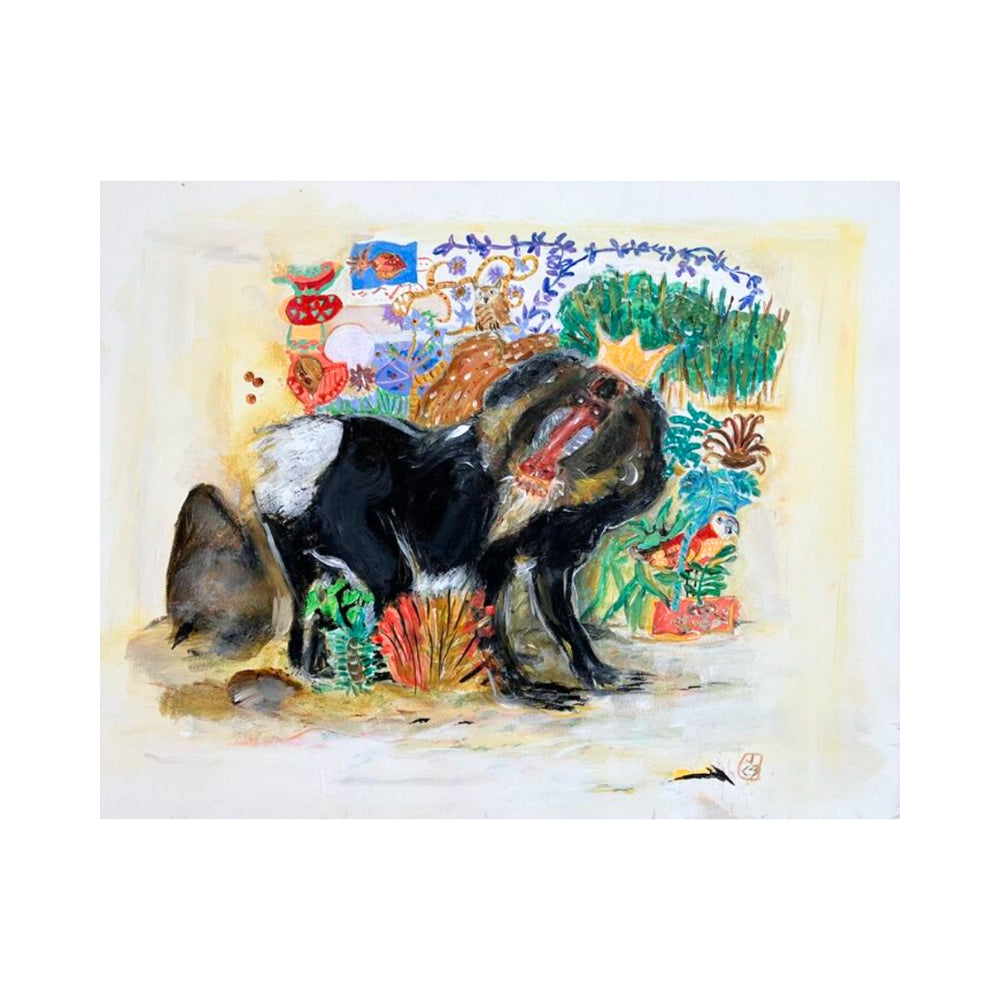 Colourful painting of a monkey with floral and nature-themed background. Original artwork by Jeanie Cooper-Brown