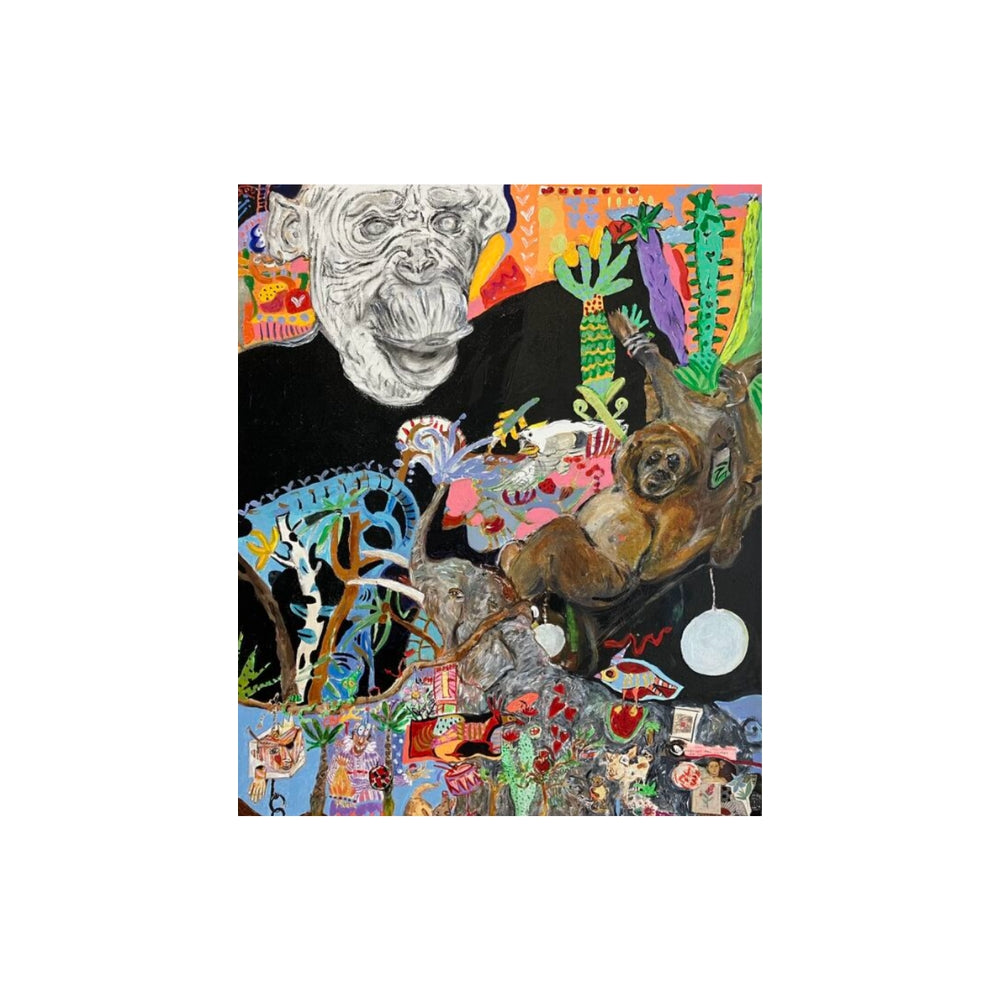 Colourful artwork with animals and abstract elements on a black background. Original artwork by Jeanie Cooper-Brown