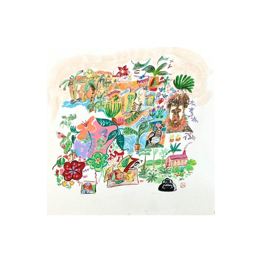 Colourful illustration of a map with various symbols and designs on a white background Original artwork by Jeanie Cooper-Brown