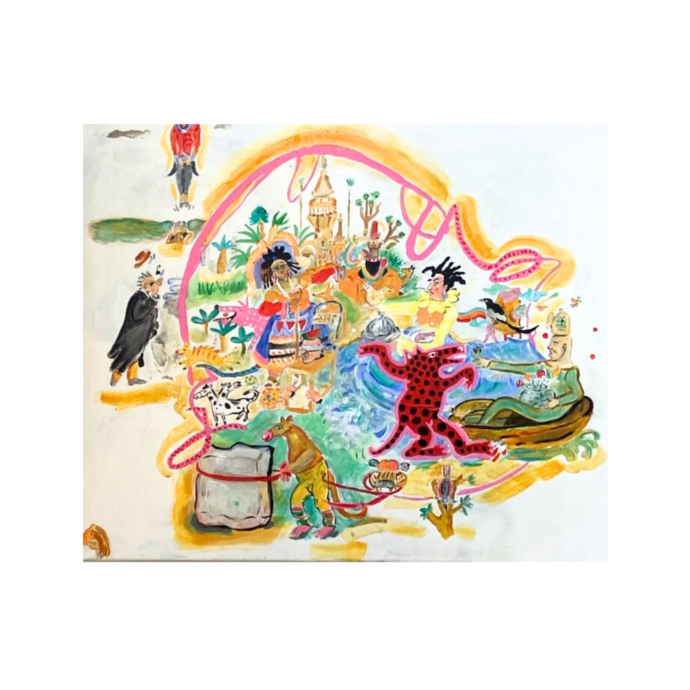 Colourful illustration of a scene with various characters and elements on a white background Original artwork by Jeanie Cooper-Brown