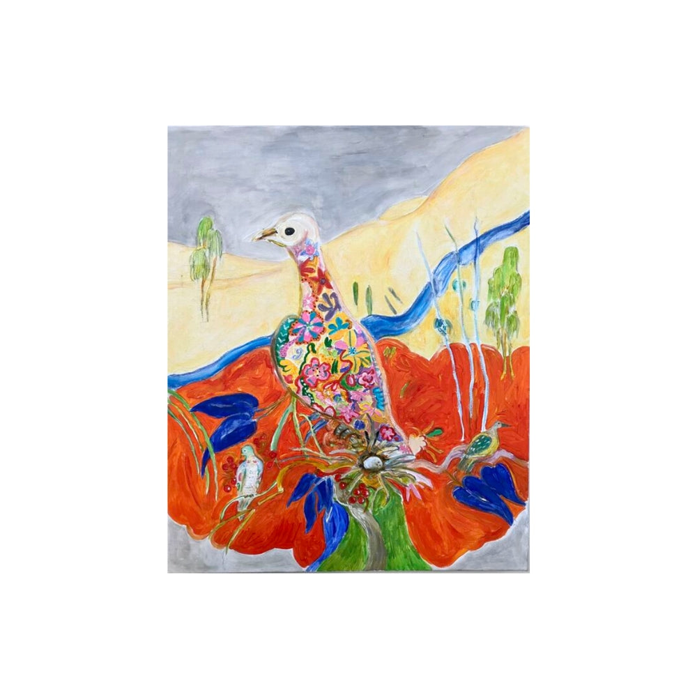 Colourful painting of a bird with abstract landscape. Original artwork by Jeanie Cooper-Brown
