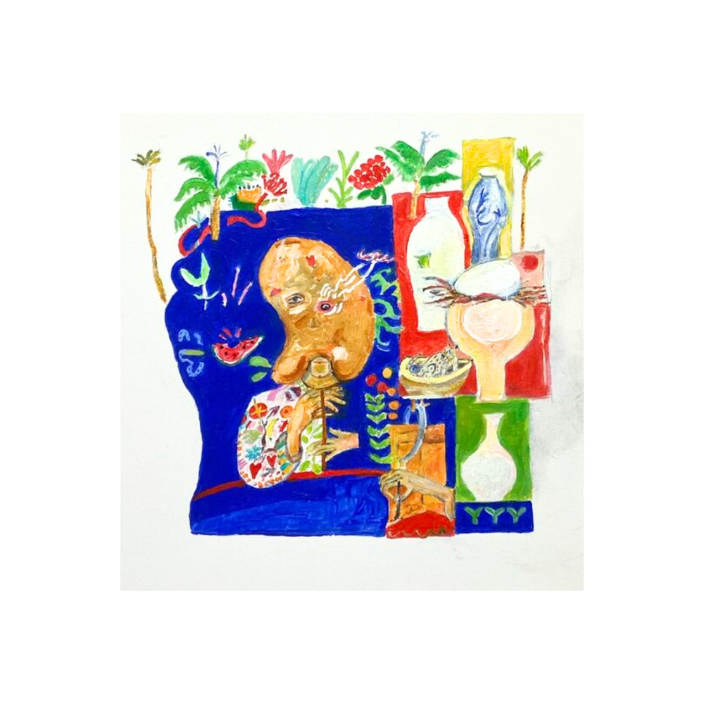Colourful artwork with abstract shapes and figures on a white background. Original artwork by Jeanie Cooper-Brown